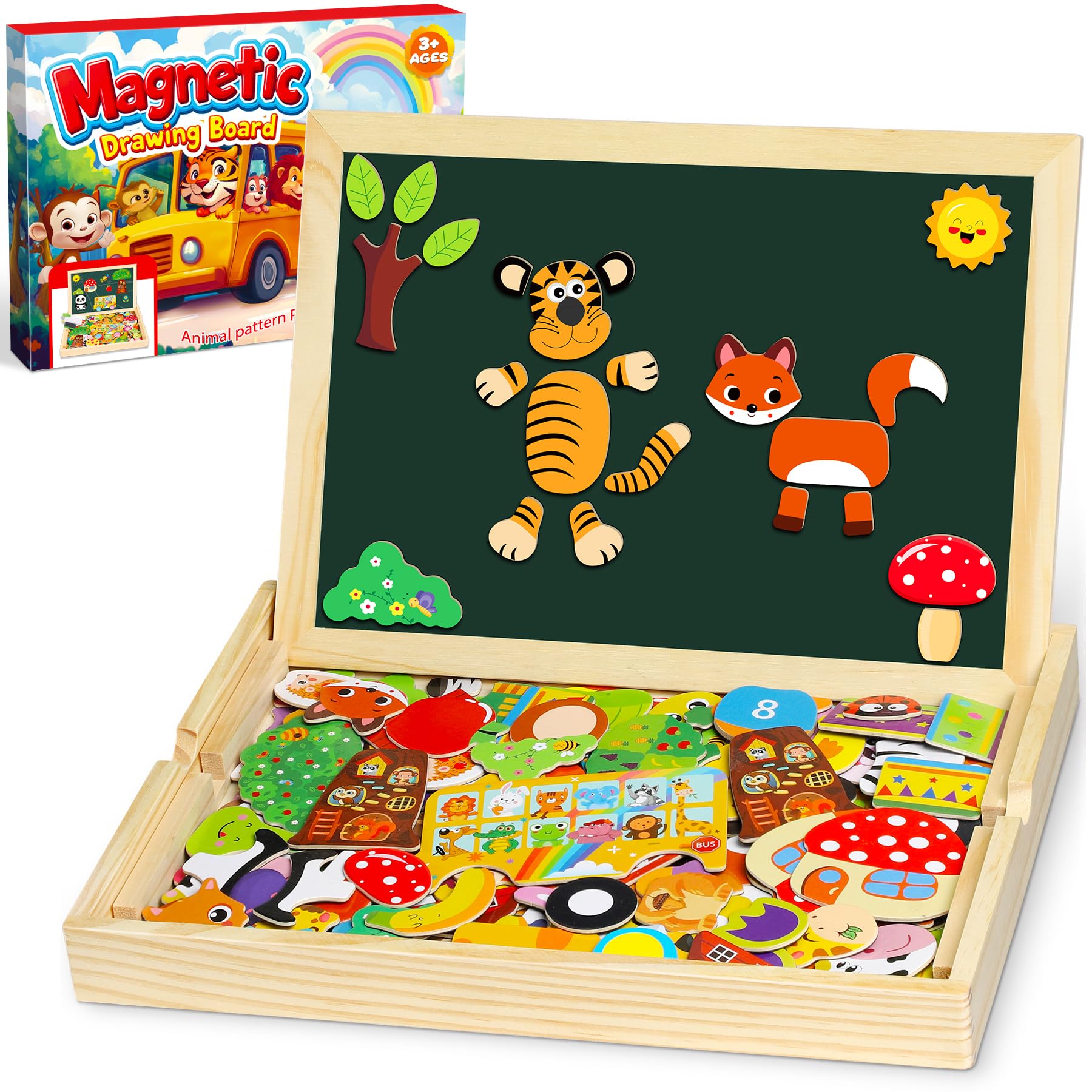Jojoin 130 PCS Wooden Magnetic Puzzle - New Magnetic Puzzle Board - Cute Animal Fruit Pattern Games Double Sided Jigsaw - Montessori Educational Toys Easter Gift for 3 4 5 Year Old Boys Girls