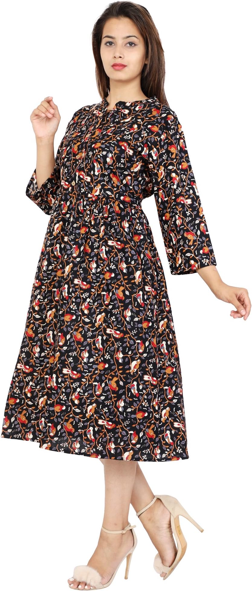 OXYCO Print Bird Floral Jaipuri Cotton Midi Dress Kurta Girls,Women's