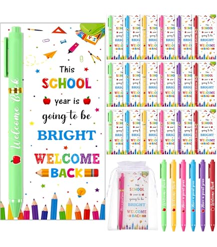 24-Pack Welcome Back To School Gift Set - 10-in-1 Retractable Pens & Cards, Bulk Classroom Favors For Students