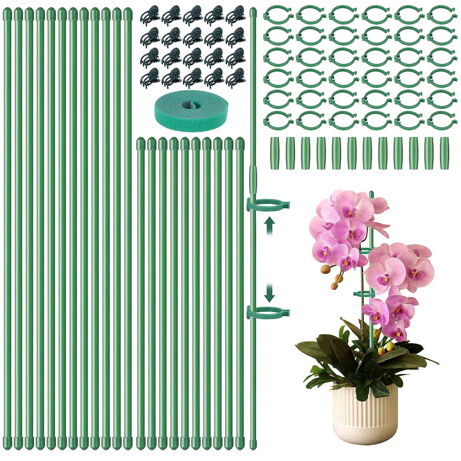 Hysagtek 93 Pcs Plant Sticks Support 24 Adjustable Plant Supports for Outdoor Plants 16inch & 12inch Plant Stakes Kits Garden Stake Pole with Clips for Indoor Outdoor Climbing Plants Orchid Rose