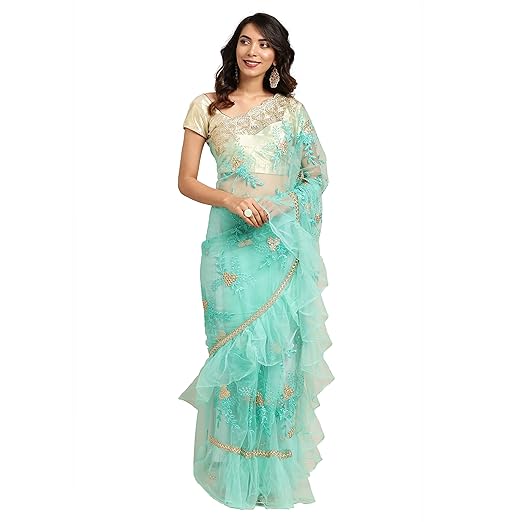Womanista Womens net with Blouse Piece 7510 Sarees (FS9849_Turquoise Blue_OneSize)