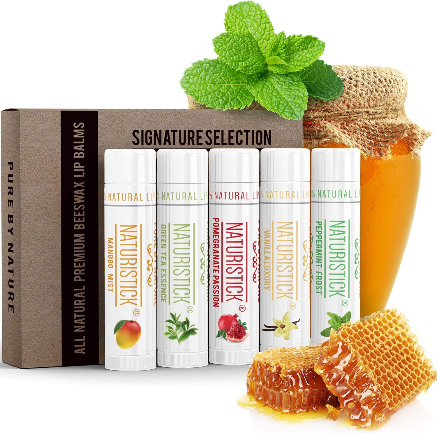 Naturistick Lip Balm - All Natural Flavored Lip Care with Lip Balm Holder - for Men and Women - Made of 100% Natural Moisturizers - Best for Dry and Chapped Lips - 4 Refreshing Flavors - Made in USA