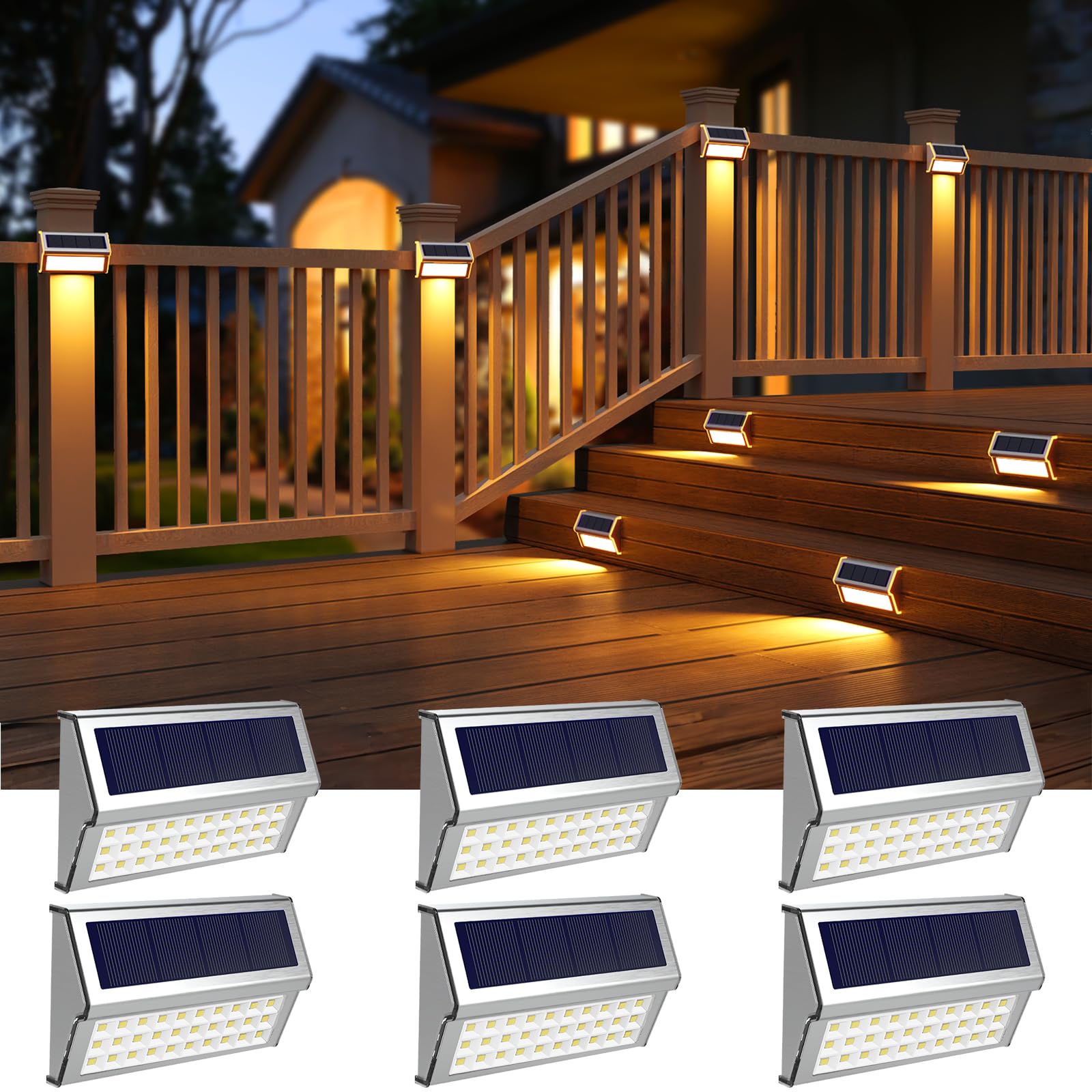 Photo 1 of ROSHWEY Solar Deck Lights, 6 Pack 30 LED Stainless Steel Outdoor Deck Lights Solar Powered, IP65 Waterproof Step Light for Outside, Outdoor Decor for Backyard Fence, Step, Stair, Warm White Light