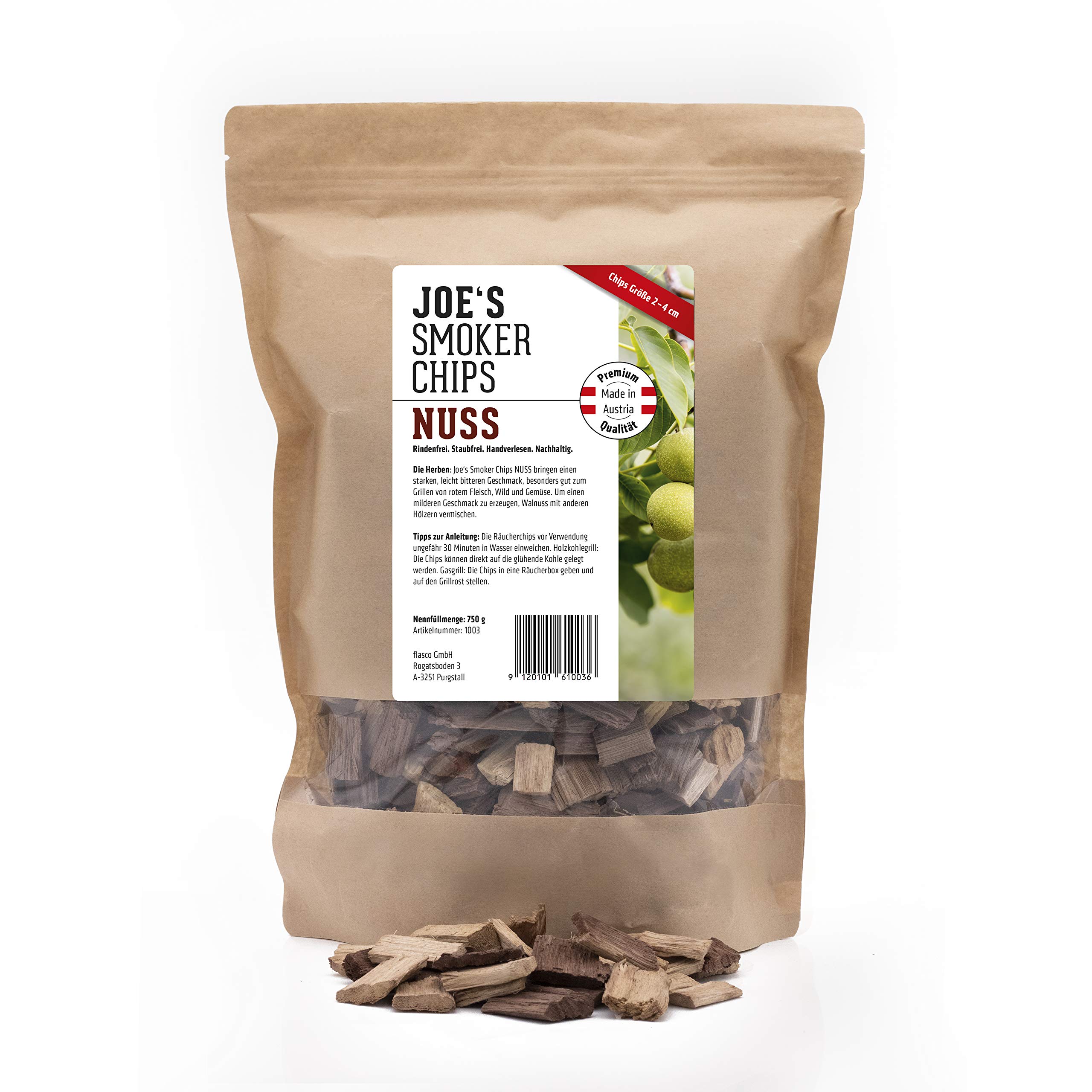 Joe's Smoker Chips WALNUT – 100% efficient, absolutely bark-free and natural smoking wood – Made in Austria! For the best smoky flavor at your barbecue. Size 2-4 cm, 750g.