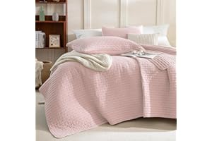 Sanracie Stonewashed Queen Quilt Bedding Set(90"x98"), Cotton Light Pink Crinkle Bedspread Coverlet 3Pcs Ultra Soft Lightweight Breathable Cross Stitch Pattern Bedspread Set for All Season