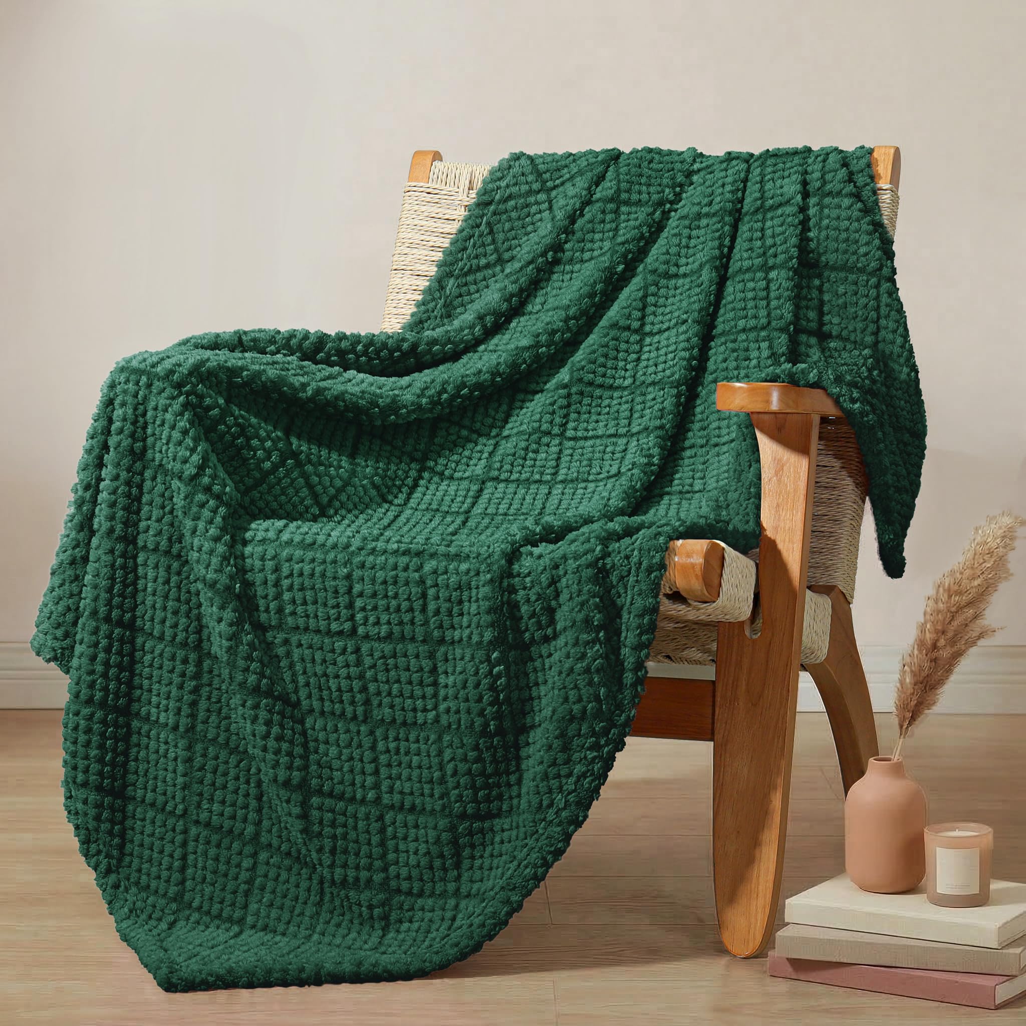 Whale Flotilla Fuzzy Fleece Throw Blanket for Sofa, Couch, Bed, 130x150 CM Soft Fluffy Jacquard Waffle Blankets for All Season, Lightweight and Warm, Emerald Green