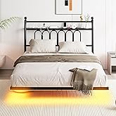 VERFARM Floating Double Bed Frame with USB Charging Station, LED Bed Frame with Wood Storage Headboard, Metal Platform Bed Frame Full Size, No Box Spring Needed, Steel Slat Support, Easy to Assemble