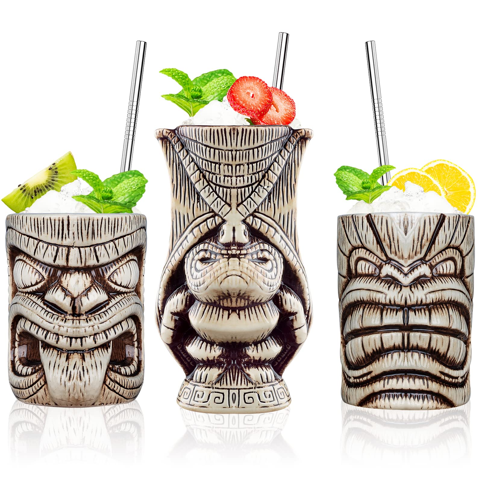 Ceramic Tiki Glasses - Cocktail Glasses & Mugs Set of 3 - Exotic Tiki Cups - Professional Bar Decorations for Hawaiian Party Barware (3PCS)