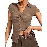 Kate Kasin Women Button Down Textured Blouse, V-Neck Ruched Tops with Y2K Collar, Slim Fit Cap Sleeve Going Out Casual Shirt