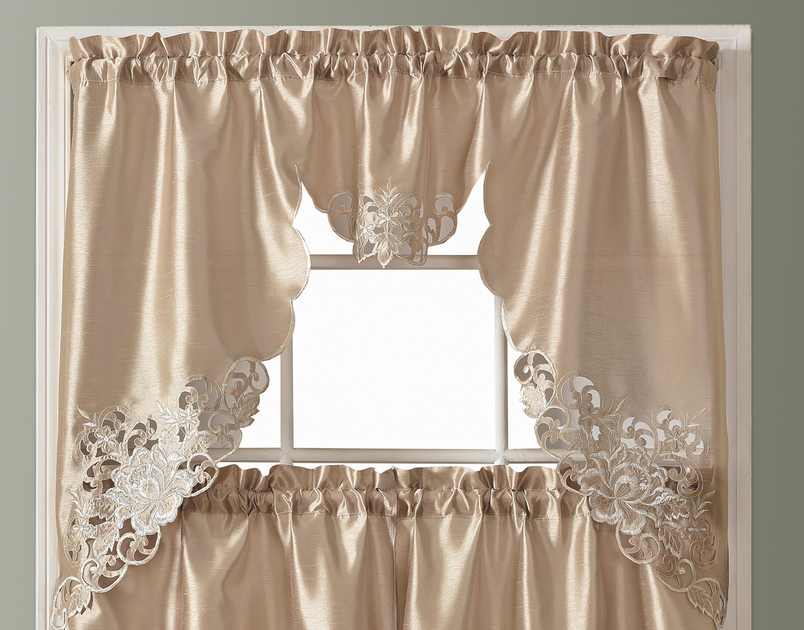 Photo 1 of GOHD Passionate Bloom Kitchen Curtain Swag Valance and Tier Set Nice Embroidery on Faux Silk Fabric with cutworks (Mocha)