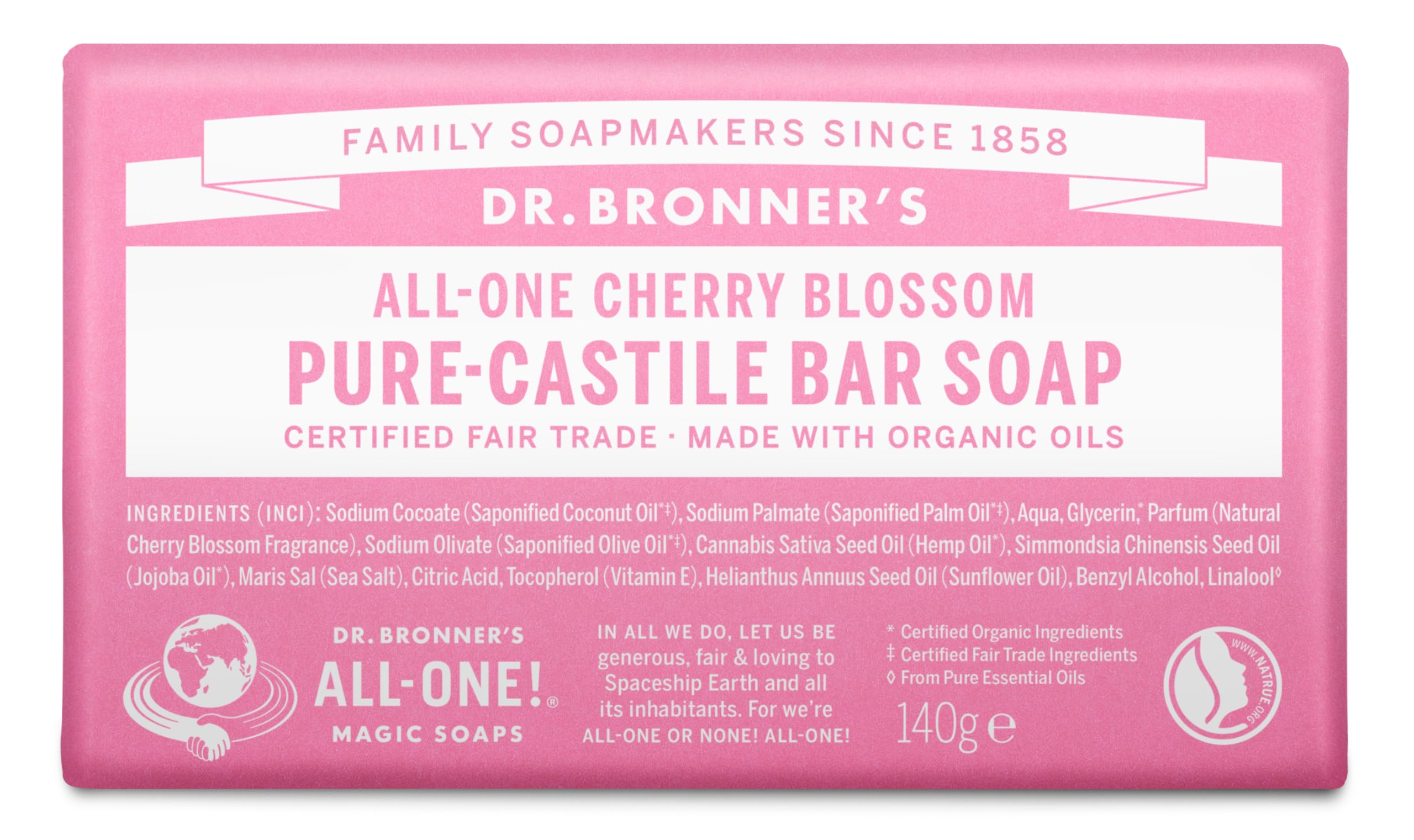 Dr Bronner's Cherry Blossom Pure-Castile Bar Soap, Made with Organic Ingredients and Pure Essential Oils, Used for Face, Body and Hair, Certified Fair Trade & Vegan Friendly, 140g Bar