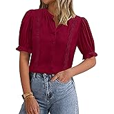 PRETTYGARDEN Women’s Puff Ruffle Sleeve Tops 2025 Summer Trendy V Neck Button Down Shirts Casual Embroidery Chiffon Blouses
