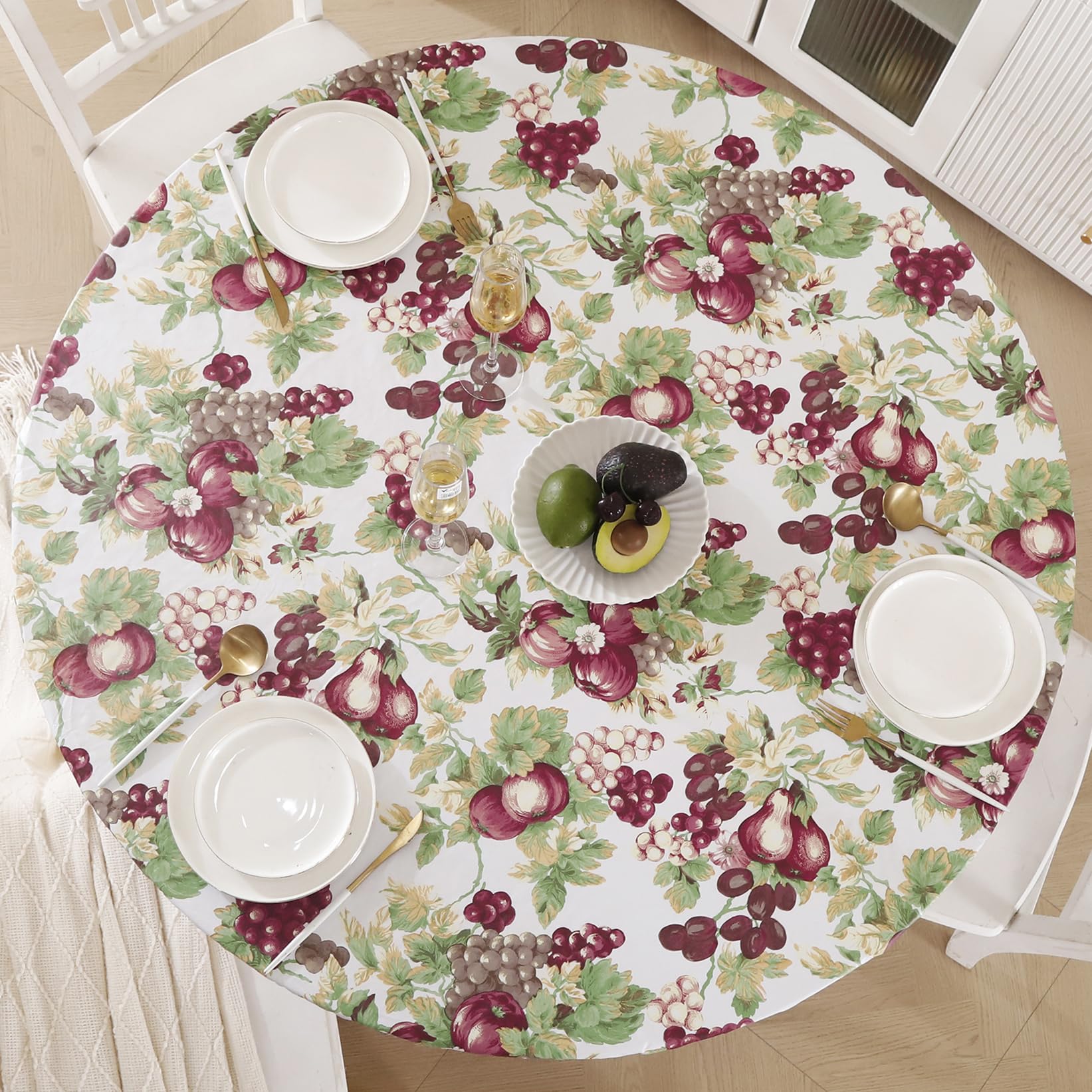 Photo 1 of Round Vinyl Fitted Tablecloth with Flannel Backing Elastic Edge Design Table Cover Waterproof Oil-Proof PVC Table Cloth Stain-Resistant Best for 57"-66" Round