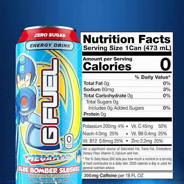G FUEL ENERGY DRINK, BLUE RASPBERRY, SUGAR FREE BEVERAGE WITH 300MG CAFFEINE, DAILY ENERGY BOOST WITH FOCUS AMINO, VITAMIN + ANTIOXIDANTS, 16 OZ CANS (MEGAMAN BLUE BOMBER, 12-PACK)