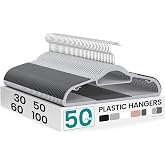 SONGMICS Pack of 50 Coat Hangers, Space-Saving Plastic Clothes Hangers | Non-Slip, 0.2 Inches Slim, 16.5 Inches Wide, 360&deg; Swivel Silver Hook, Light Gray and Dark Gray, UCRP20G50