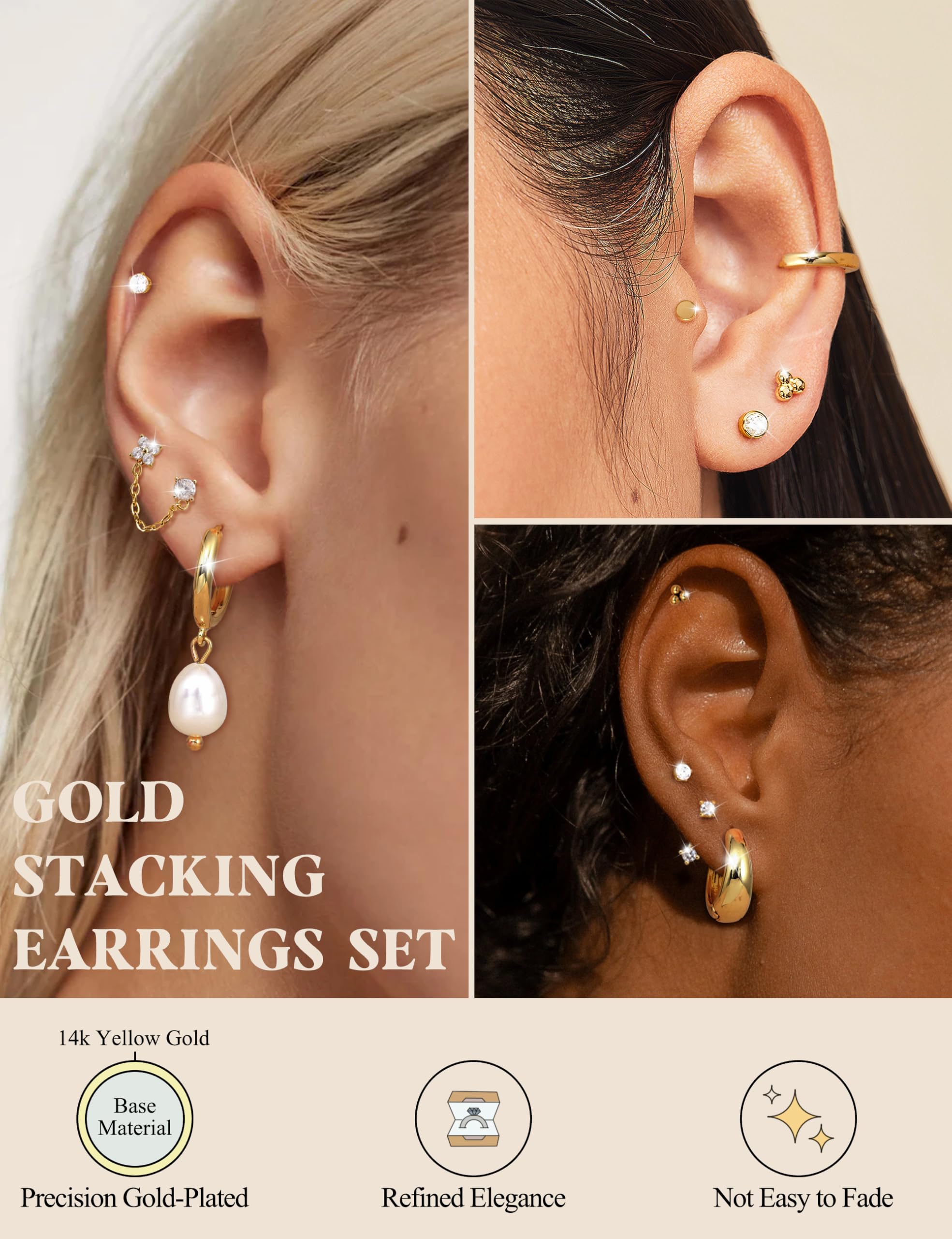 LOLIAS Flat Back Earrings for Women Hypoallergenic Surgical Steel Earrings for Sensitive Ears-20G Cartilage Earring Stacks 14K Gold Plated Hoops Flatback Stud Earring Sets for Multiple Piercing