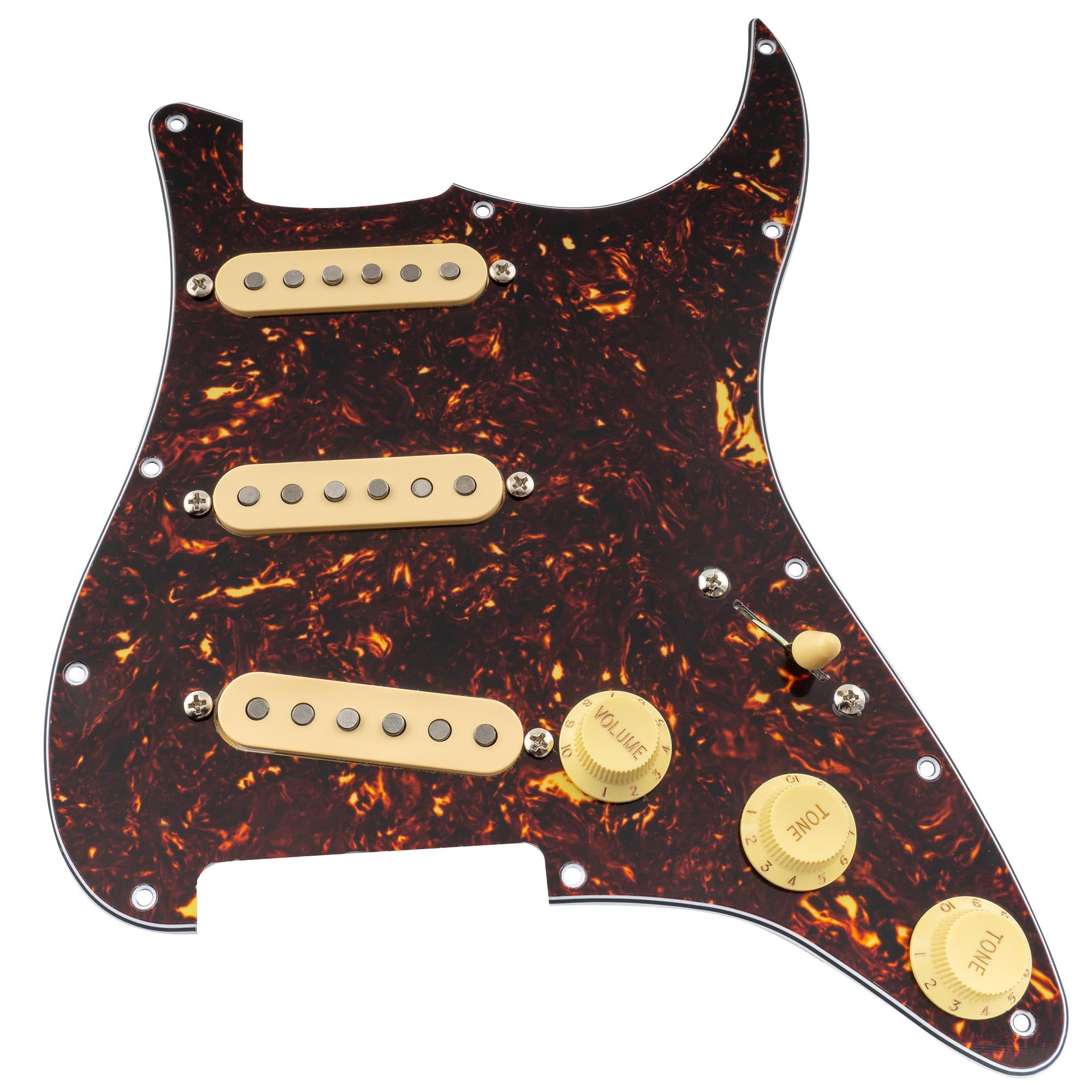 Musiclily Pro Pre-wired Standard SSS Pickguard with Artec Pickups Staggered Alnico 5 Magnet Single Coil Pickups for ST Style Electric Guitar, 4ply Tortoise Shell