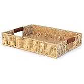 Summit Living Rattan Organizer with Leather Handles – Decorative Wicker for Home Decor – Versatile Storage & Serving Solution for Kitchen and Living Room (Medium-Rectangle)