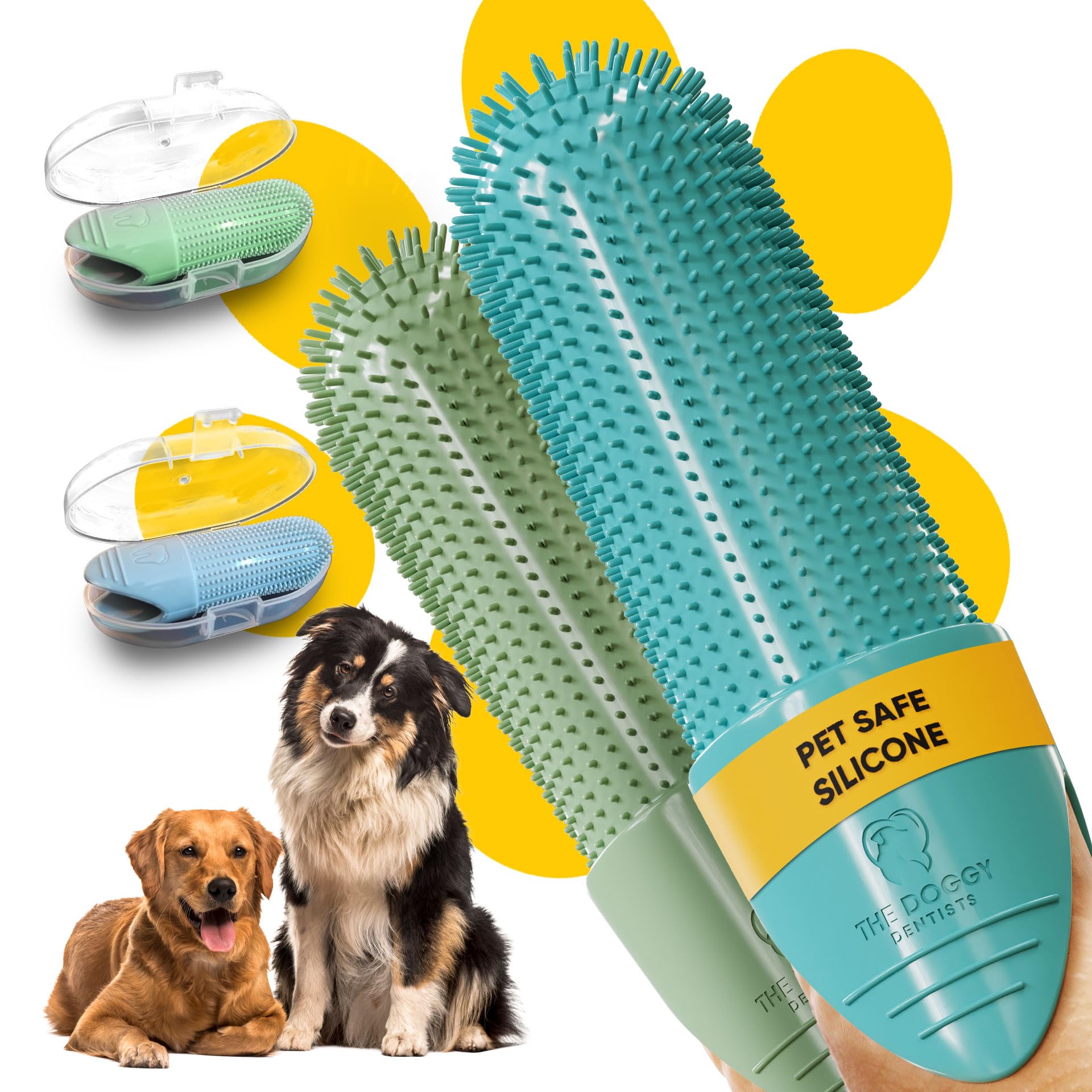 THE DOGGY DENTISTS Dog & Cat Finger Toothbrush Pack (2) – 360° Silicone Pet Toothbrush with Protective Case – Perfect for Puppies, Tartar Removal, Bad Breath & Daily Pet Teeth Cleaning