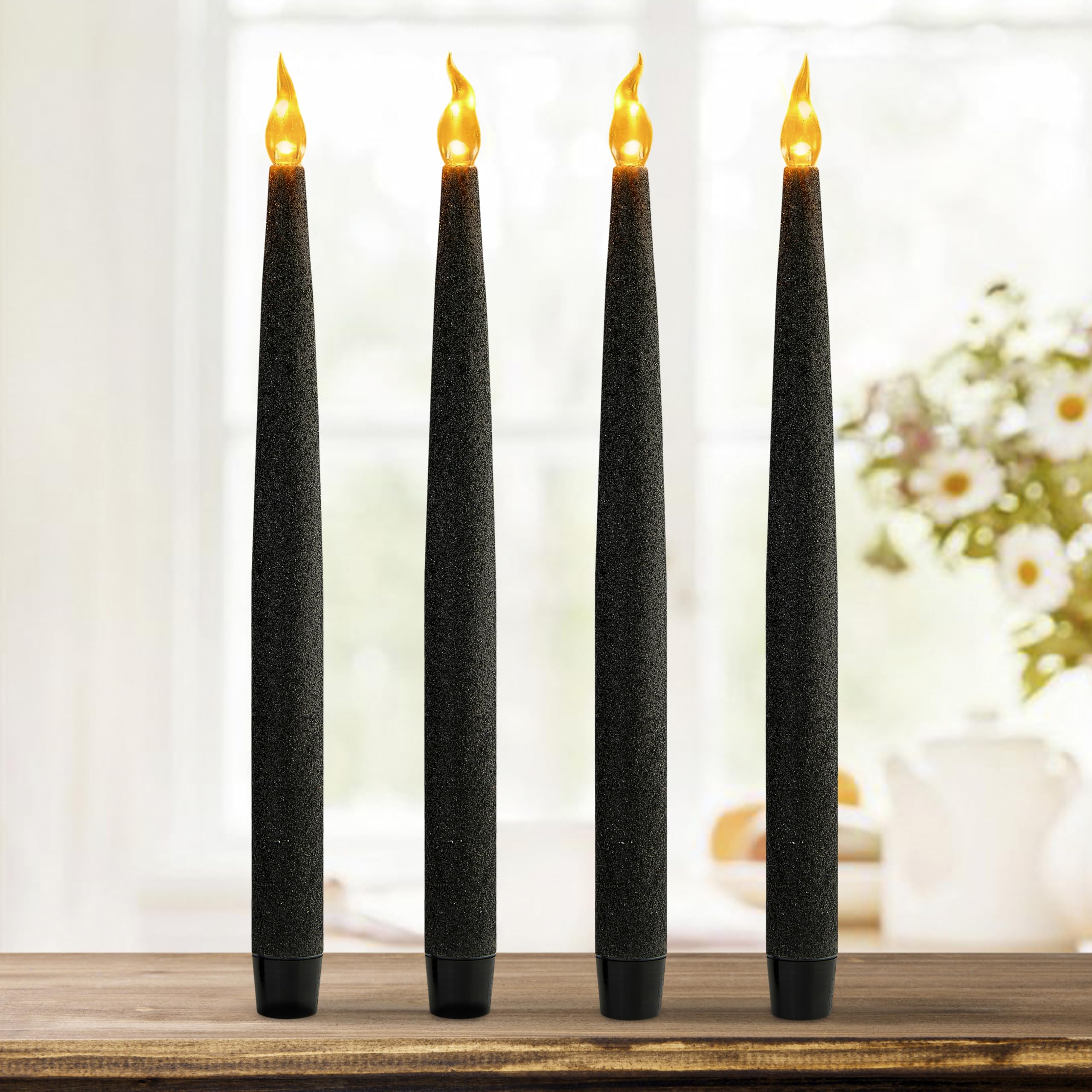 FURORA LIGHTING Black LED Flameless Taper Candles, Window Candles with 6 Hour Timer - Black 11.5", "Pack of 4