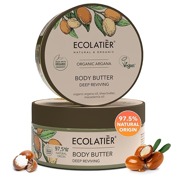 ECOLATIÈR BODY BUTTER WITH ORGANIC ARGAN OIL – DEEP REVIVING, ULTRA-HYDRATING WHIPPED MOISTURIZER FOR WOMEN & MEN, NON-GREASY, GENTLE ON DRY SKIN, 97% NATURAL INGREDIENTS, 6.7 FL OZ