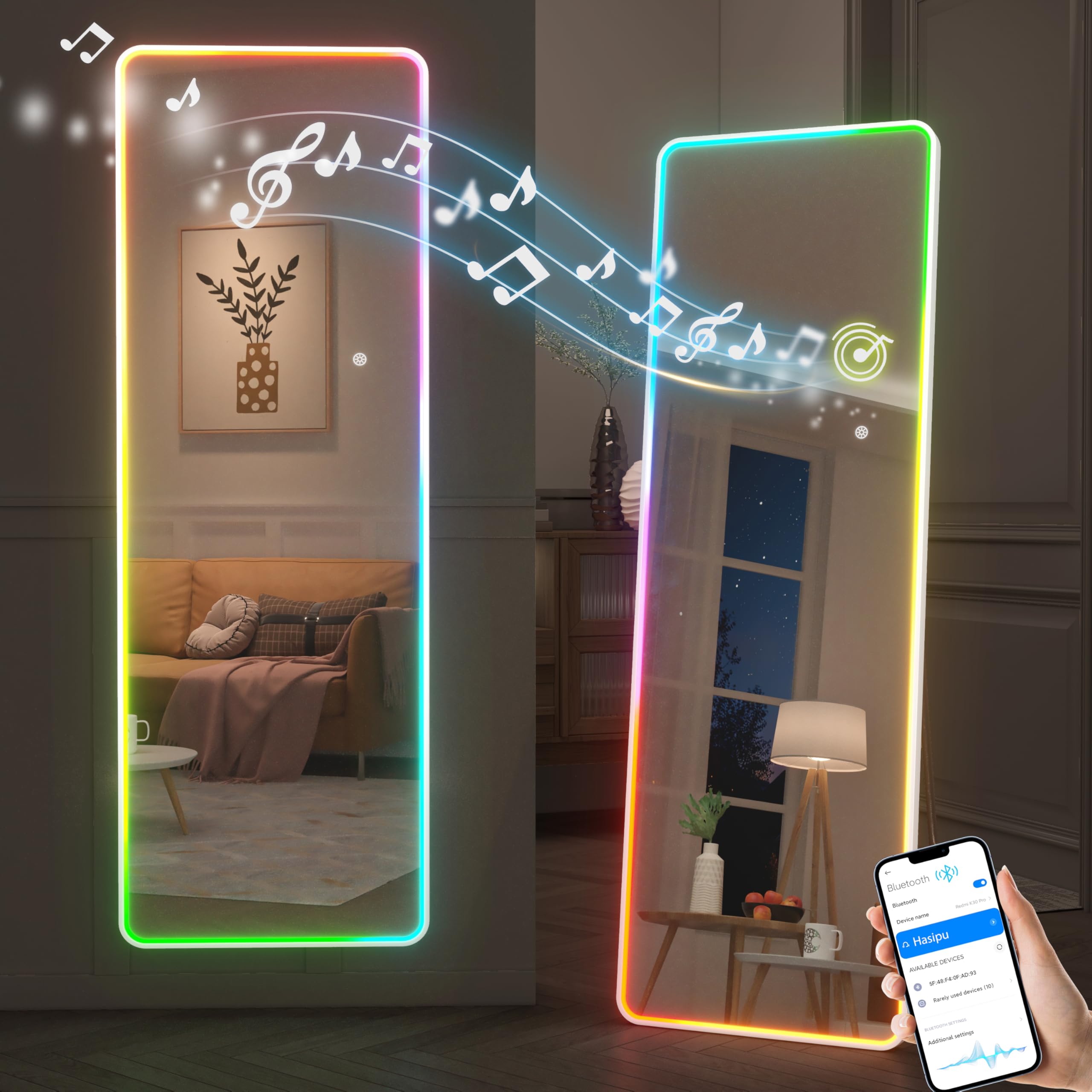 Photo 1 of Hasipu 55"x18" LED Full Length Mirror with Stand, Full Body, Bluetooth Speaker, Light up Floor Wall Mirror Full Size, Long Mirror with RGB Lights for Bedroom