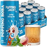 Lychee Popping Boba Drink, Sparkling Fruit Juice with Bursting Pearls | Real Fruit Juice Bubble Tea with Popping Pearls, Ready-to-Drink Fruity Beverage, 24-Pack Canned Asian Drink