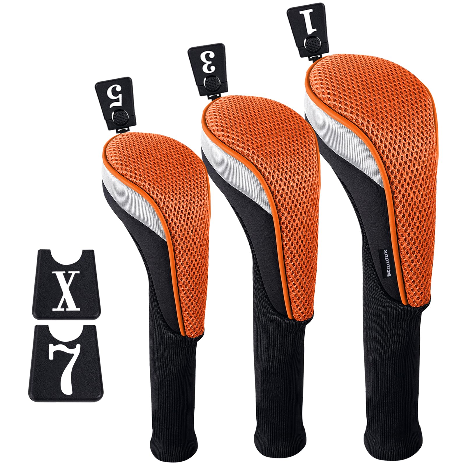 Andux 3pcs/Set Golf 460cc Driver Fairway Wood Club Head Covers Long Neck Black/Orange