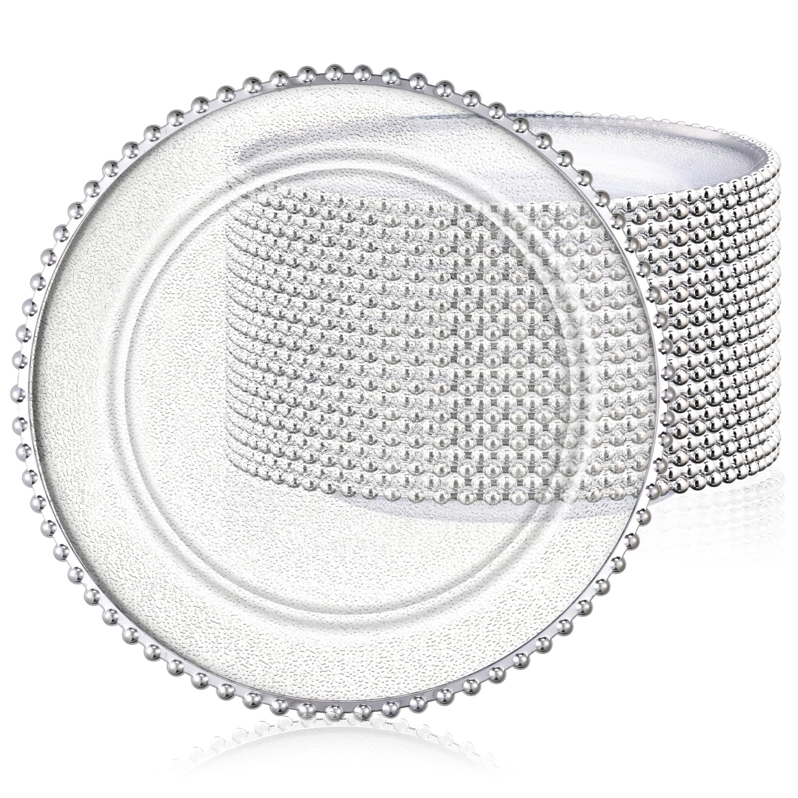 Photo 1 of Hoolerry 12 Pack Clear Charger Plates Bulk 13 Inch Plastic Round Beaded Dinner Chargers Acrylic Frosted Grain Decorative Service Plates for Wedding Party Event, Home and Kitchen Tabletop (Silver)