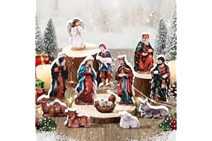 Burbell 12 Pcs Mini Nativity Scene Set for Christmas Indoor Decor Wooden Little Nativity People Set Mini Jesus Christmas Ornaments Gifts Xmas Tabletop Scenes Figures (Dignified Style)