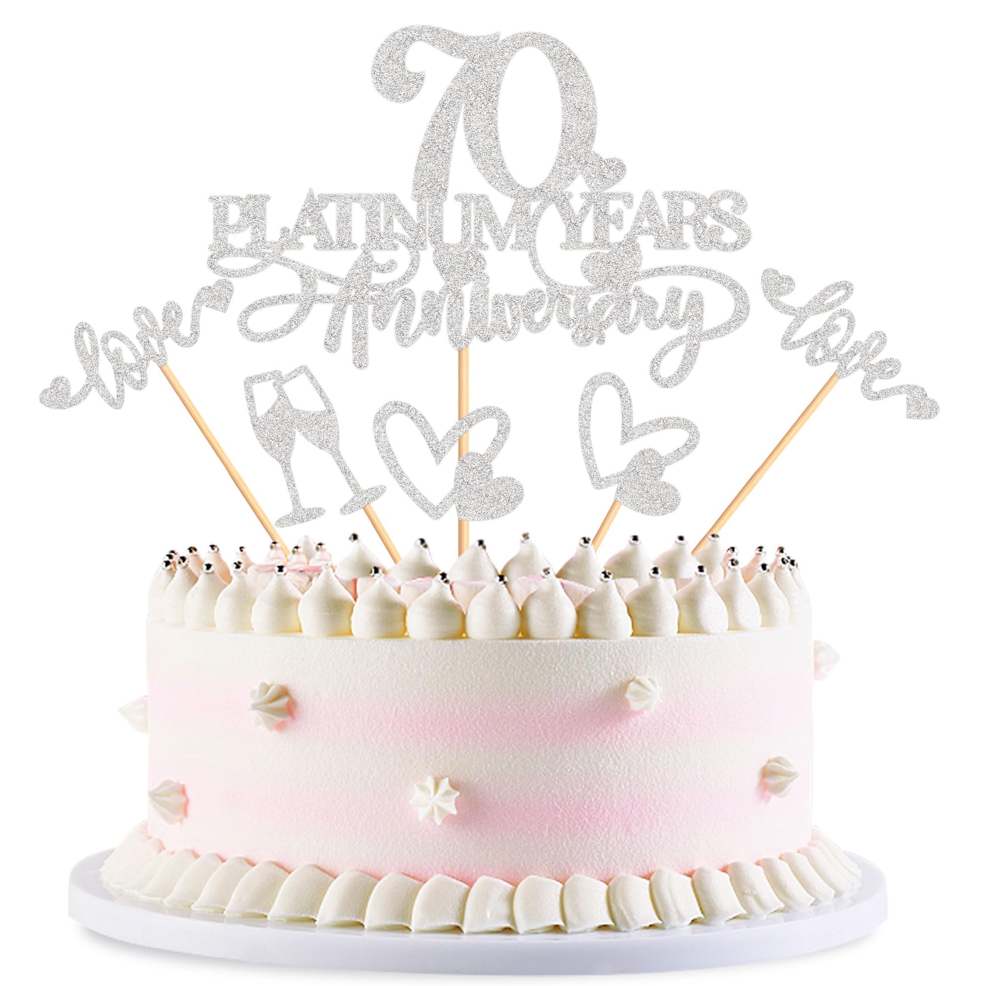 Blumomon 25Pcs 70th Anniversary Cake Toppers Platinum 70th Weddding Anniversary Heart Cake Decoration for 70 Platinum Wedding Celebration Party Supplies