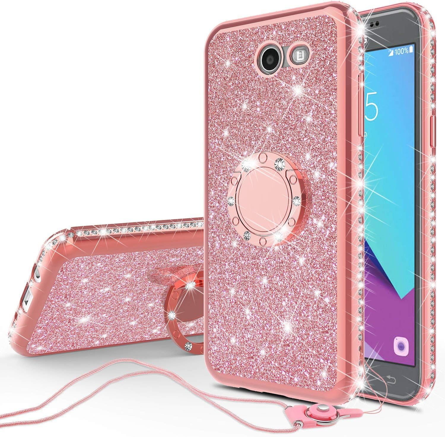 Compatible for Samsung Galaxy J3 Eclipse/J3 Mission/Galaxy J3 Emerge,Galaxy J3 Prime 2017/Galaxy Luna Pro/Galaxy Sol 2/Amp Prime 2 Case Rhinestone Glitter Diamond Cover with Ring Stand - Rose Gold