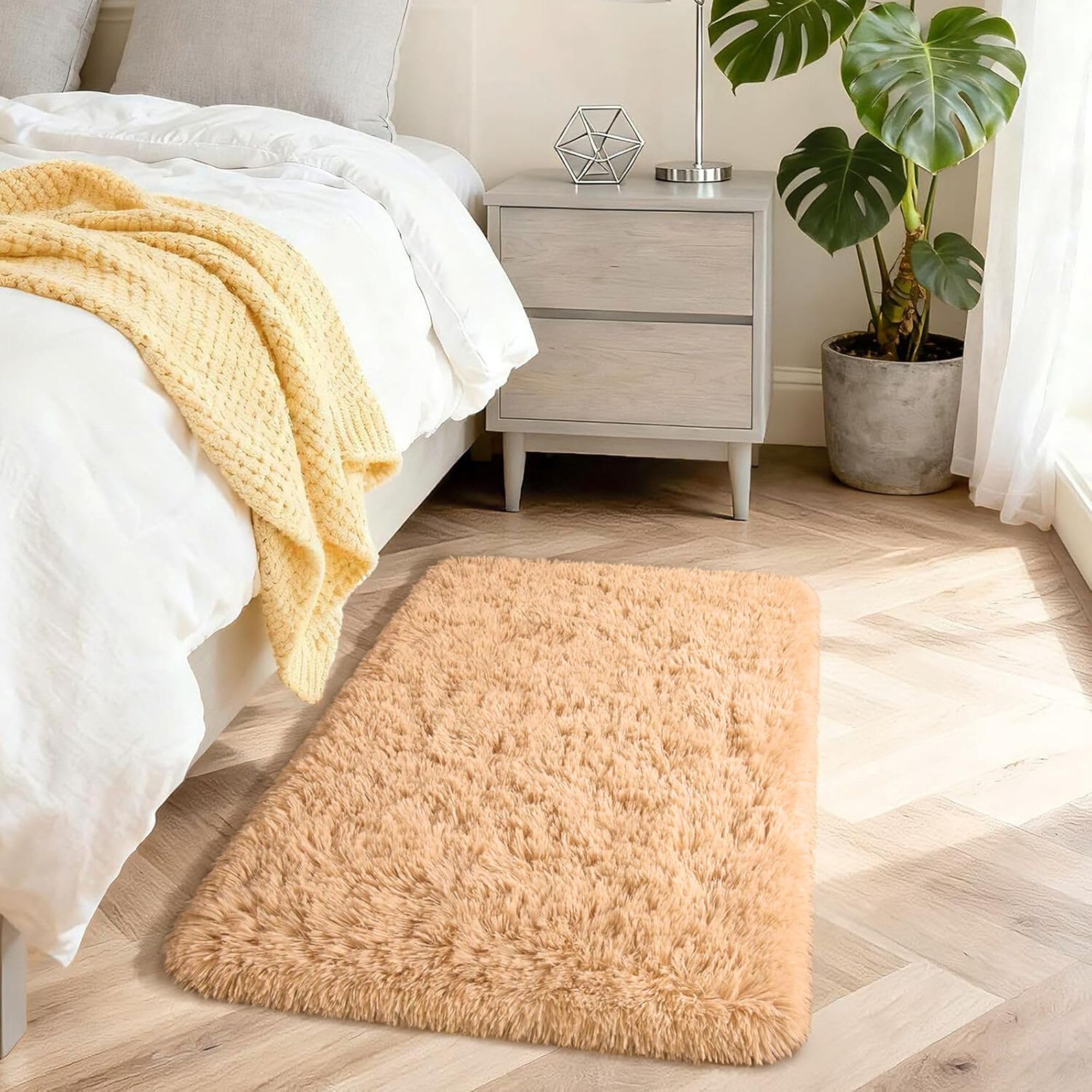 Aspire Homeware Fluffy Bedroom Rug – Small Beige Area Rugs 50x80 cm for Living Room Plush Carpet Modern Soft Shaggy Pile Faux Fur Rug for Home — image 1
