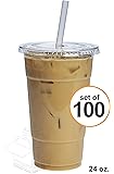 COMFY PACKAGE 100 Sets 24 oz. Plastic CRYSTAL CLEAR Cups with Flat Lids for Cold Drinks, Iced Coffee, Bubble Boba, Tea, Smoothie etc.