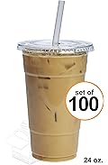 COMFY PACKAGE 100 Sets 24 oz. Plastic CRYSTAL CLEAR Cups with Flat Lids for Cold Drinks, Iced Coffee, Bubble Boba, Tea, Smoothie etc.