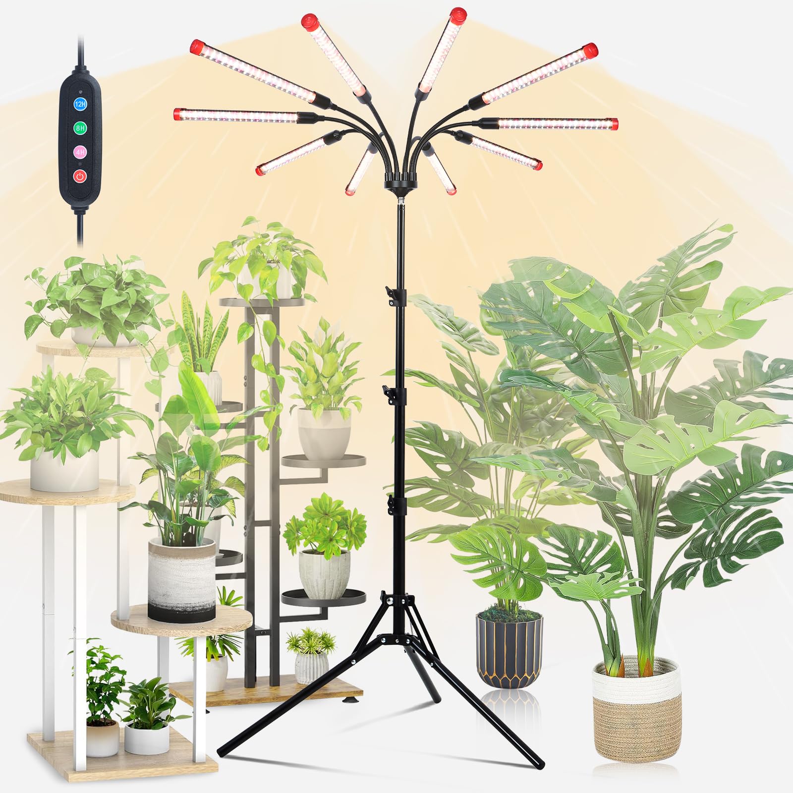 Orchbloom 10Head Grow Light on Stand for Large&Tall Indoor Plants, Bonsai Tree, Bright and Big Coverage Plant Growing Lamps, 4/8/12/16/20H Timer, 90 Watt Power Draw, NO Need Adapter, 360° Gooseneck Image