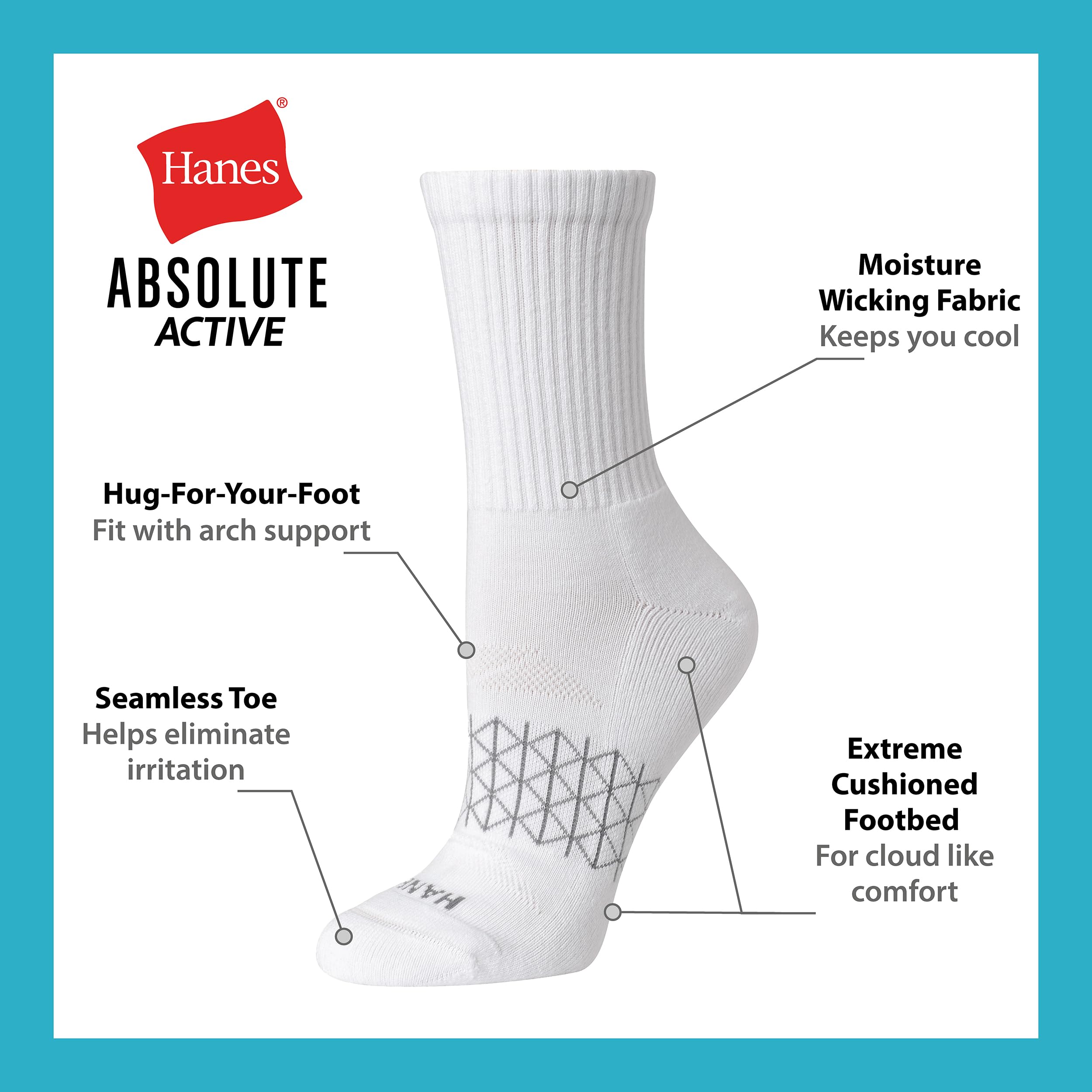 Hanes Women's Cushioned Crew Socks, Absolute Active Crew Socks For Women, Seamless Toe, 4-Pairs