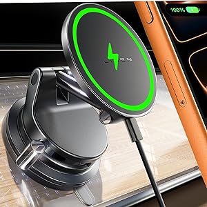 LISEN 15W Magsafe Car Mount Charger，[Lever Lock] Suction Cup Phone Mount,360° Vacuum Magnetic Car Ph...