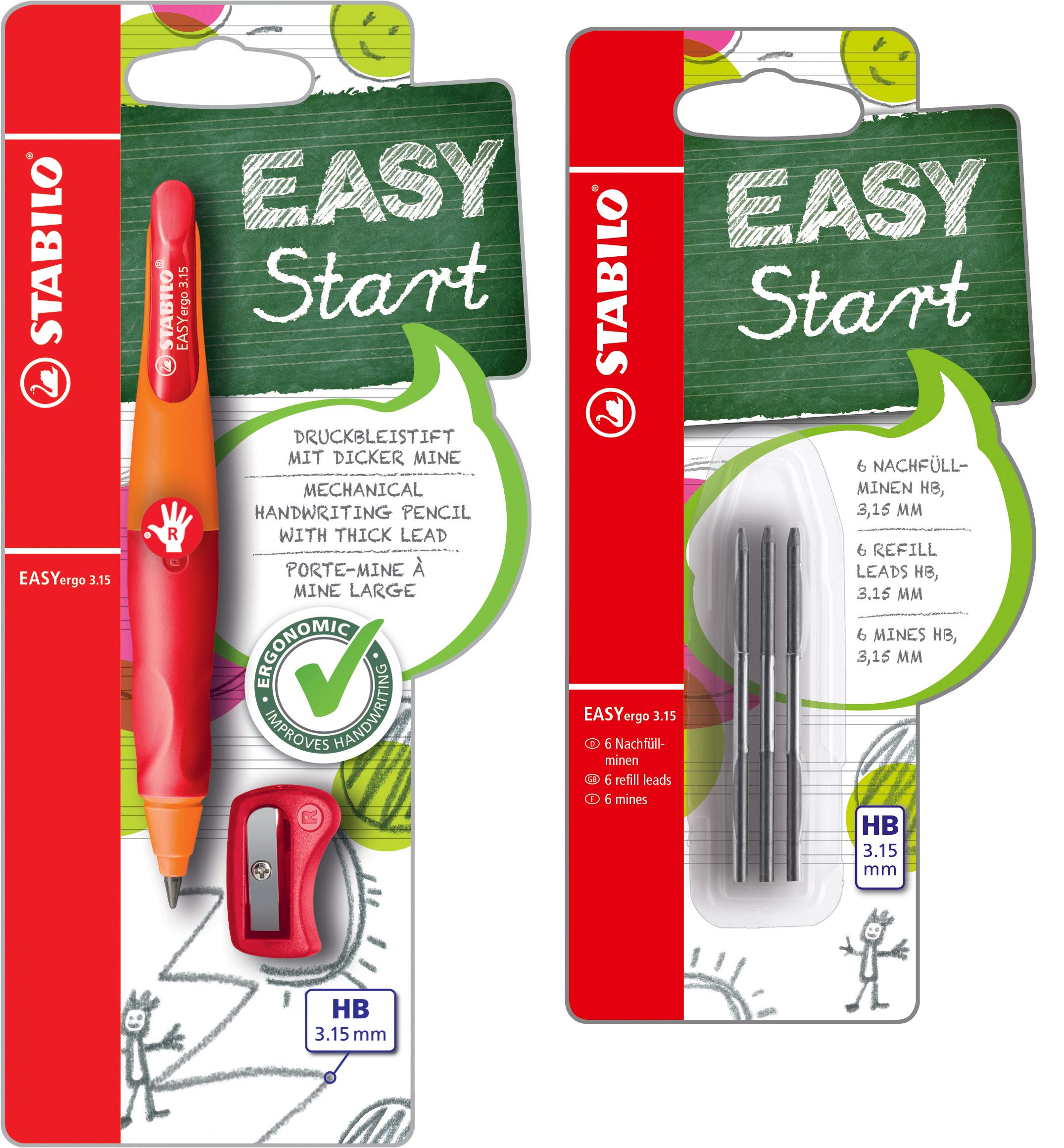 STABILO EASYergo 3.15 Ergonomic Printing Pencil for Right-Handed Users, Includes 1 Thick Lead, HB Hardness & Sharpener (Orange/Red + Leads)
