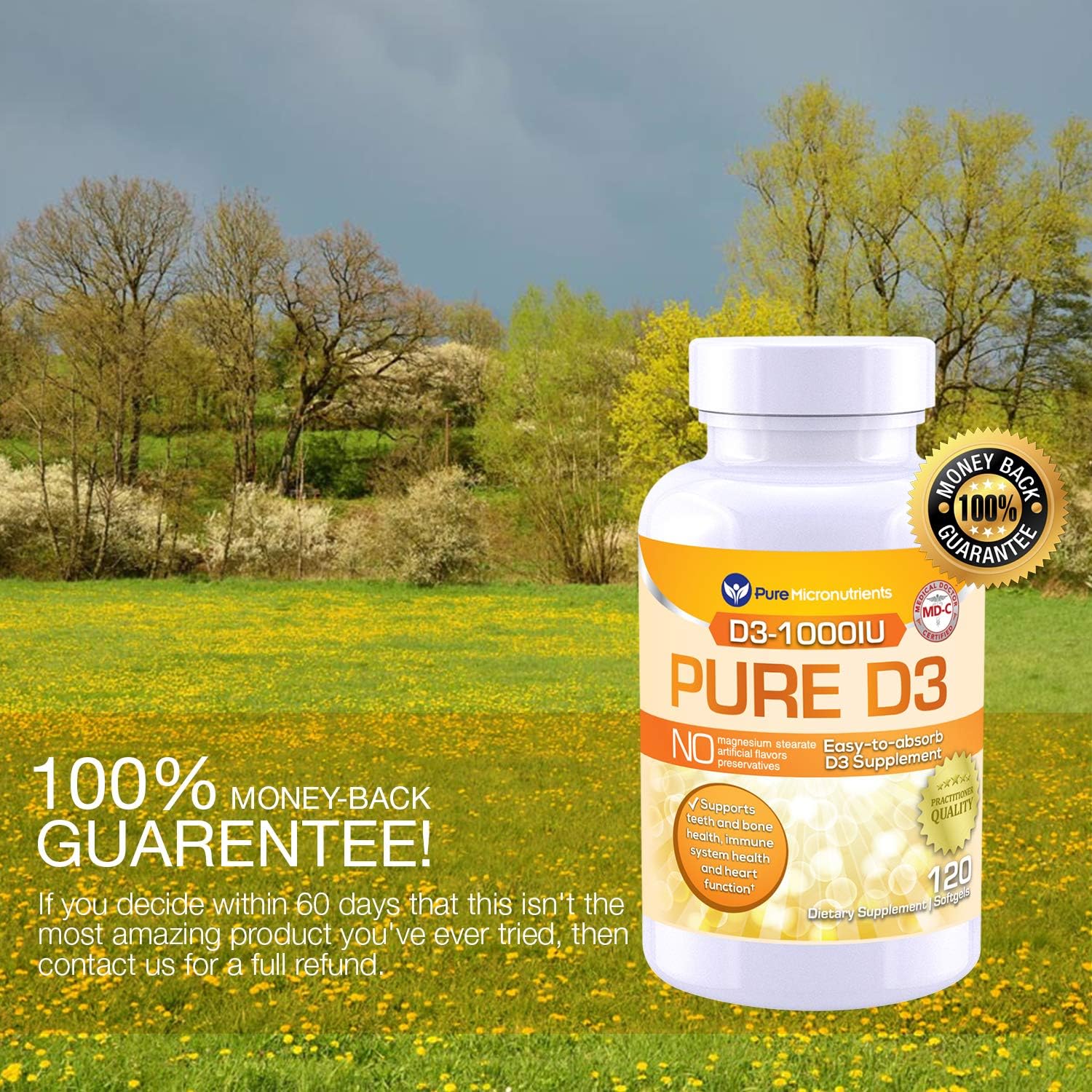 Vitamin D Supplement 1000 IU, Natural D3 Supplements, Premium Grade (Cholecalciferol), for