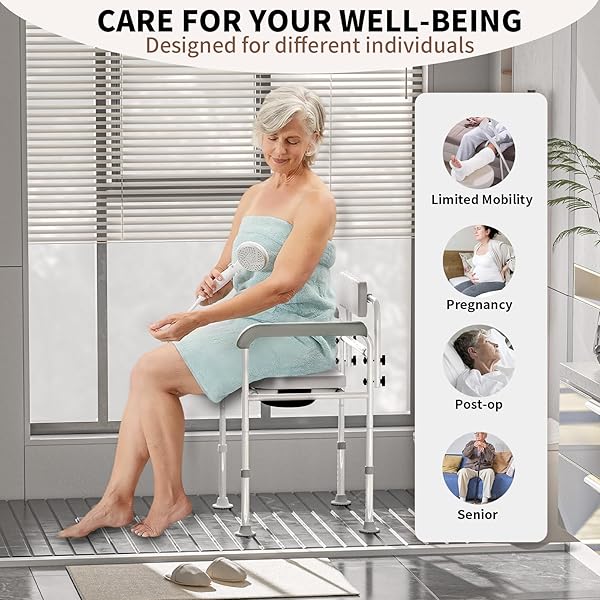 ADJUSTABLE MEDICAL BEDSIDE COMMODE CHAIR WITH PADDED BACKREST, DROP ARM SUPPORT, HEIGHT ADJUSTABLE GREY