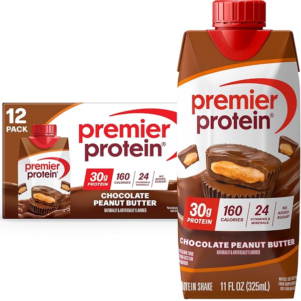 PREMIER PROTEIN SHAKE, CHOCOLATE PEANUT BUTTER, 30G PROTEIN, NO ADDED SUGAR, 24 VITAMINS & MINERALS TO SUPPORT IMMUNE HEALTH, 11 FL OZ, 12 PACK