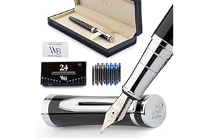 Wordsworth & Black Fountain Pen Set, Medium Nib, Includes 24 Ink Cartridges and Ink Refill Converter, Gift Case, Journaling, Calligraphy, Smooth Writing Pens [Black Chrome], Perfect for Men and Women