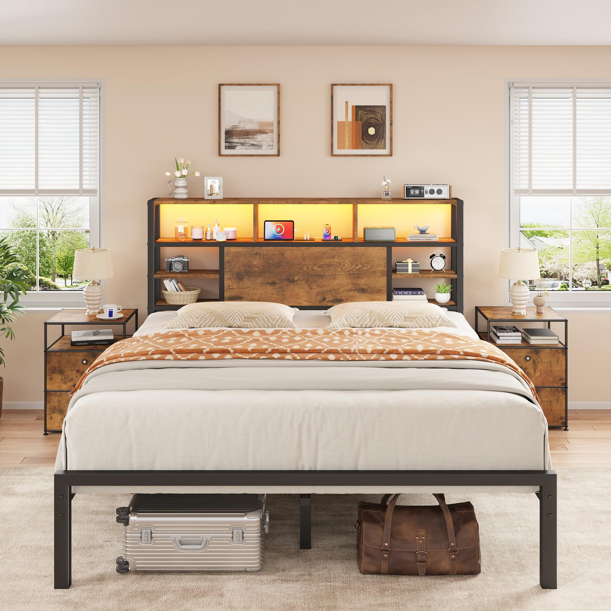Homkdom Queen Bed Frame with Storage Headboard, LED Lights & Charging Station Heavy Duty Metal Platform Bed for Bedrooms, 1100 LBS Capacity, No Box Spring Needed, Easy Assembly,Vintage Brown