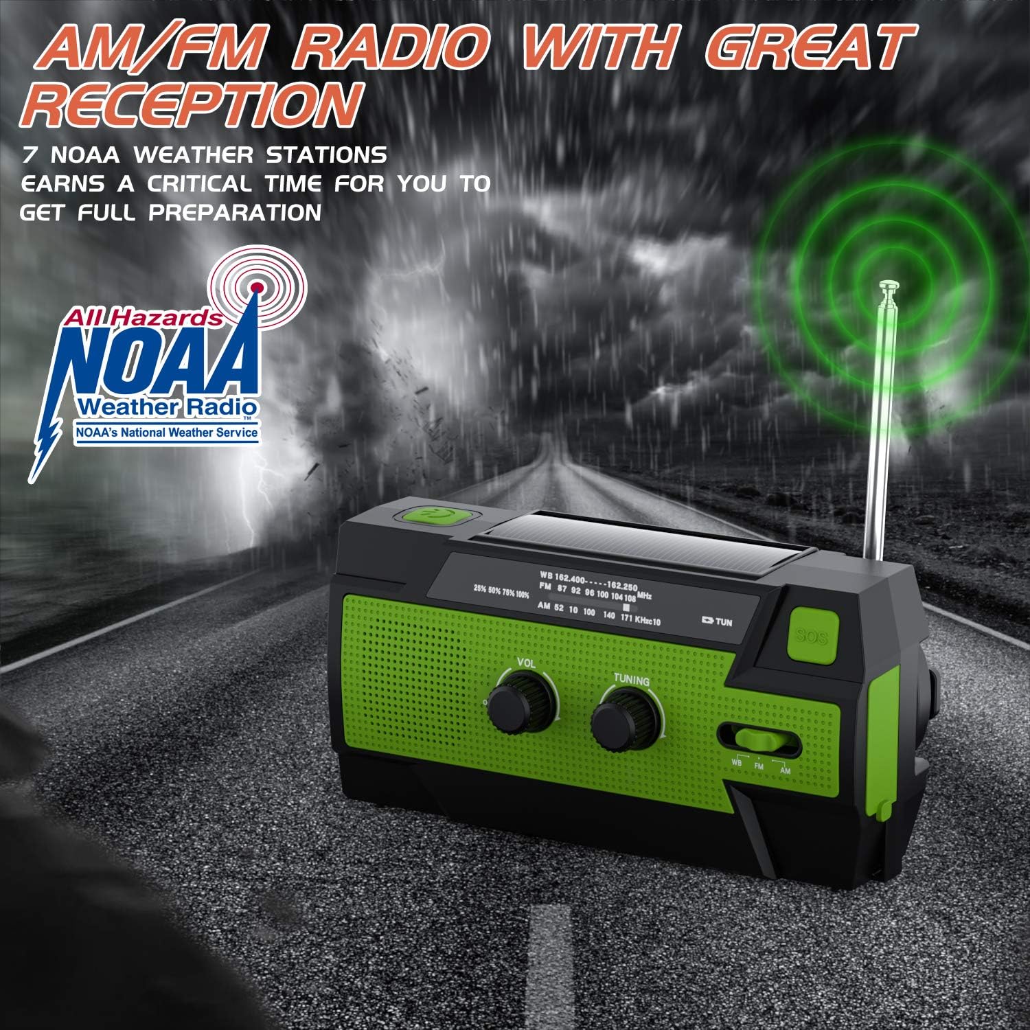 Emergency Radio Hand Crank Solar, 4000mAh Portable Weather Radio, NOAA Weather Radio, Outdoor Radio with Flashlight & Motion Sensor Reading Lamp, Solar Cell Phone Charger, SOS Alarm(Green): Home Audio & Theater