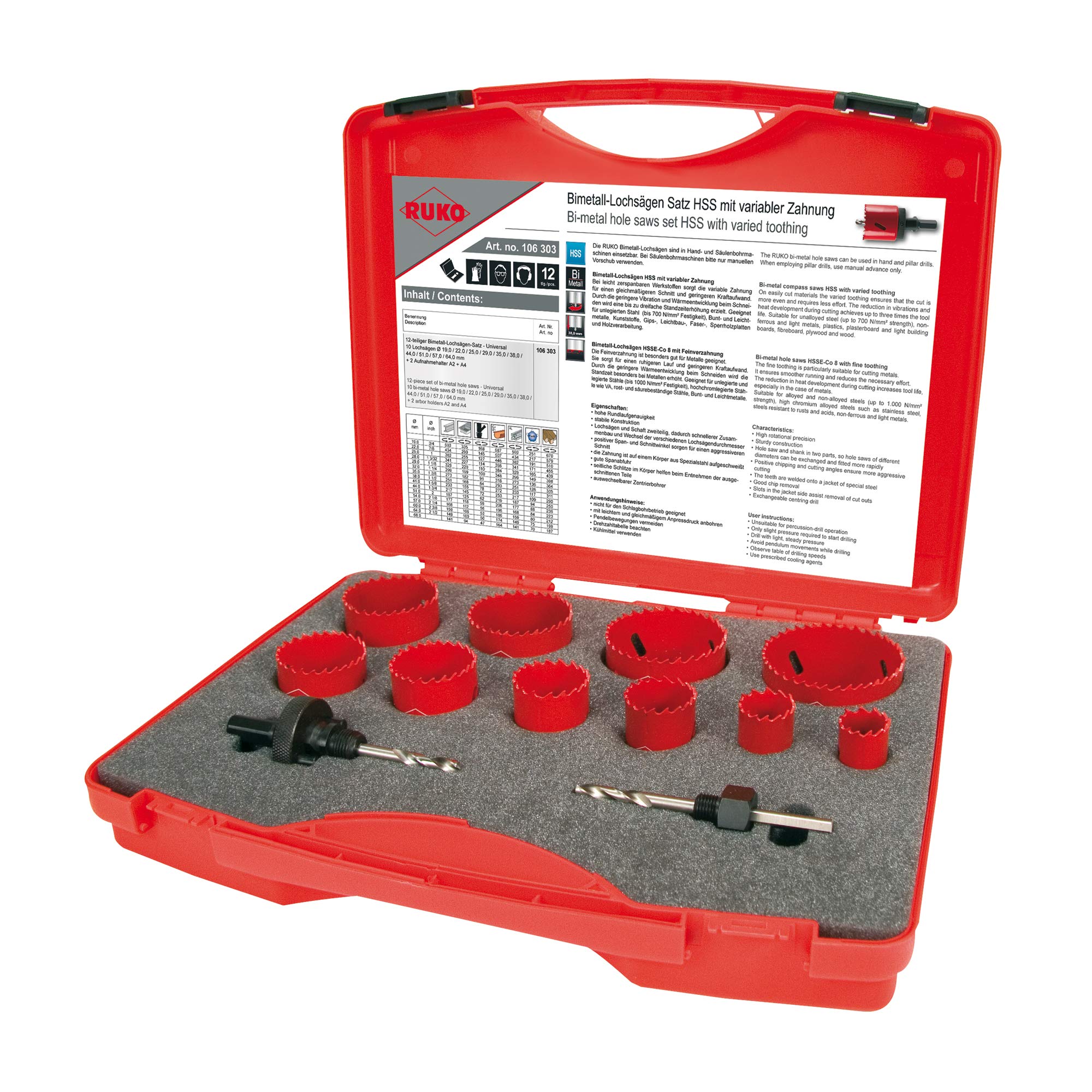 Ruko HSS Bi-Metal Hole Saw Set in Plastic Case, Red Finish, 12 Pieces, R106303