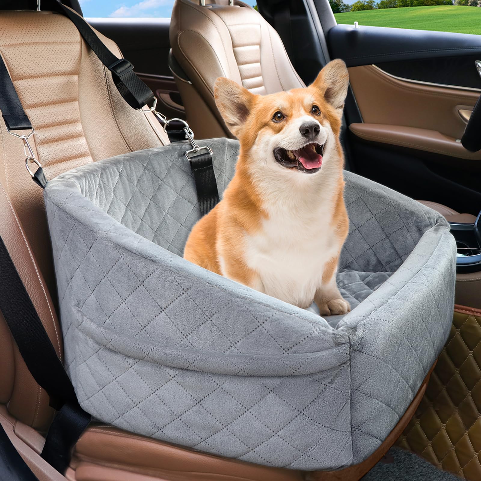 Photo 1 of NEEZUKAR Dog Car Seat for Small Dogs,Detachable Washable Dog Booster Seat for Medium Dogs Under 30lbs, Pet Car Seat Travel Bed with Storage Pockets and Dog Safety Belt (Grey)