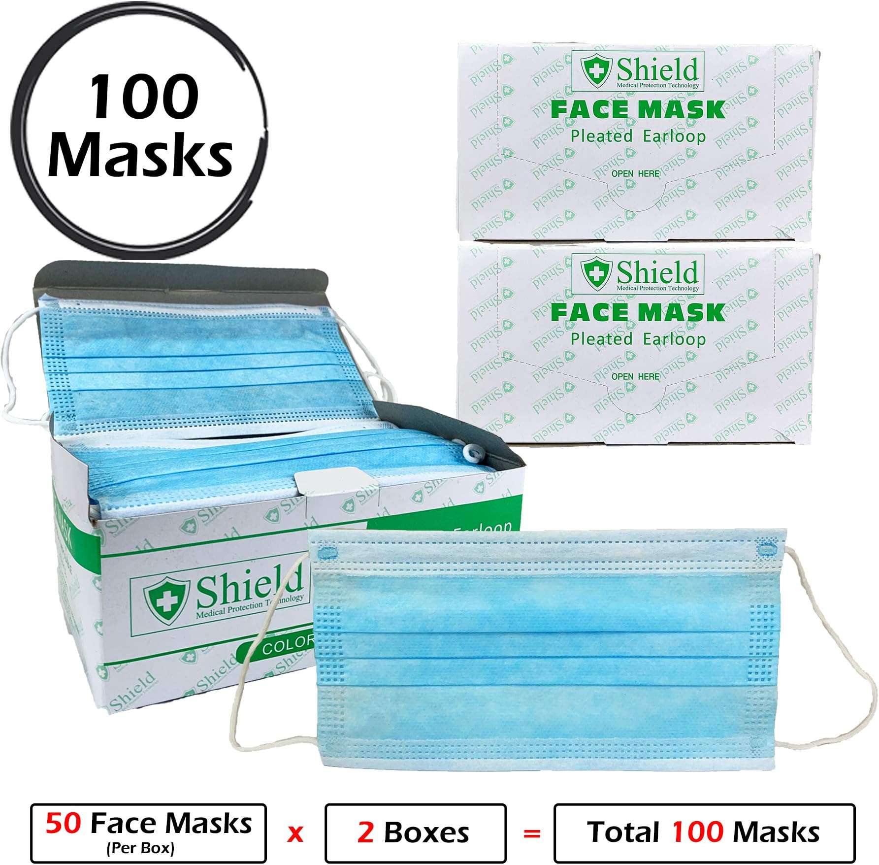 Professional Disposable Face Mask (3-Ply) with Earloop for Virus, Bacteria, Germ, Dust, Pollen, Particle Protection (100)