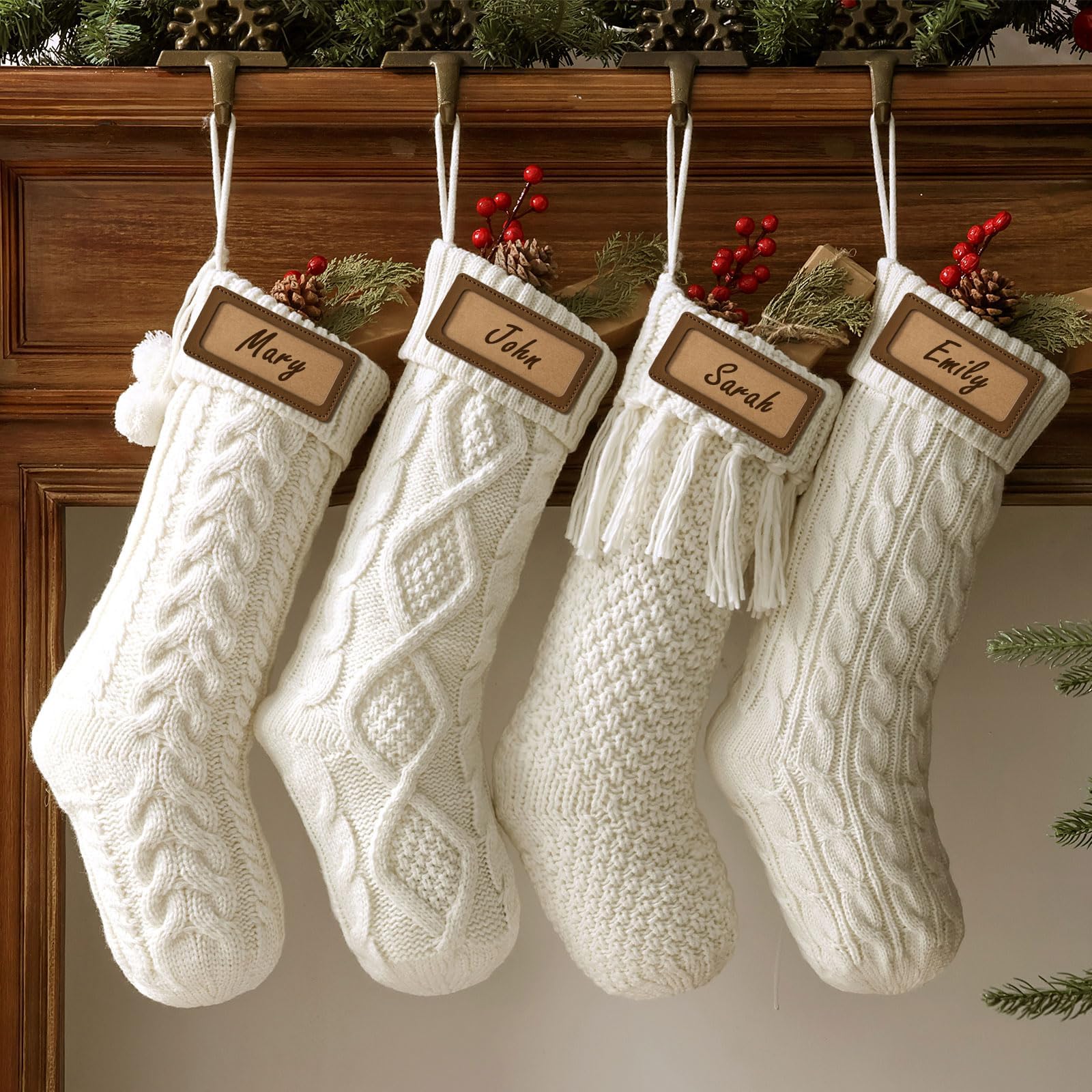 Photo 1 of Farmhouse Knitted Personalized Christmas Stockings: 4 Pcs 18 Inch Rustic Cable Knit Fireplace Stockings, Boho Farmhouse Hanging Xmas Stocking Decorations for Family Holiday Decor, Cream White Beige