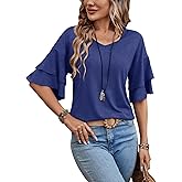 Sialois Womens Tops 3/4 Length Sleeve Shirts V Neck Double Tiered Tunic Ruffle Short Sleeve Top Spring Summer Clothes Business Casual Dressy Blouse Loose Fit Basic Tee,Navy Blue,XX-Large Size